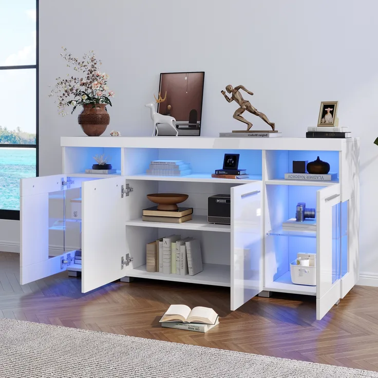 Sideboard aus MDF mit LED, 3 Fächern & gehärtetem Glas, 140x40x70 cm, Weiß