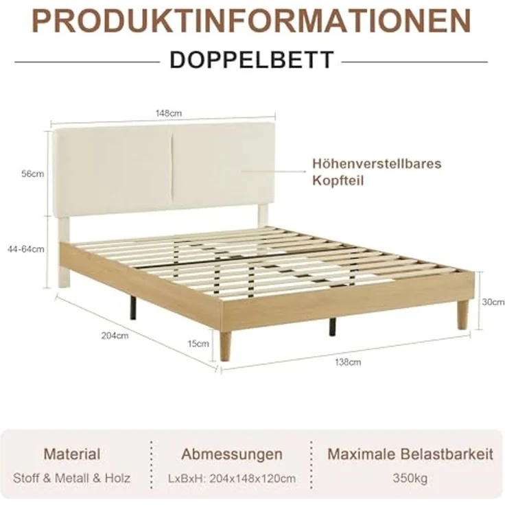 VECELO Polsterbett 140x200 cm, Doppelbett mit Höhenverstellbarem Kopfteil, Baumwoll Leinen Stoff, Stabiler Lattenrost, Geräuscharm und Einfach montierbar, für Schlafzimmer und Gästezimmer, Beige – Bild 2
