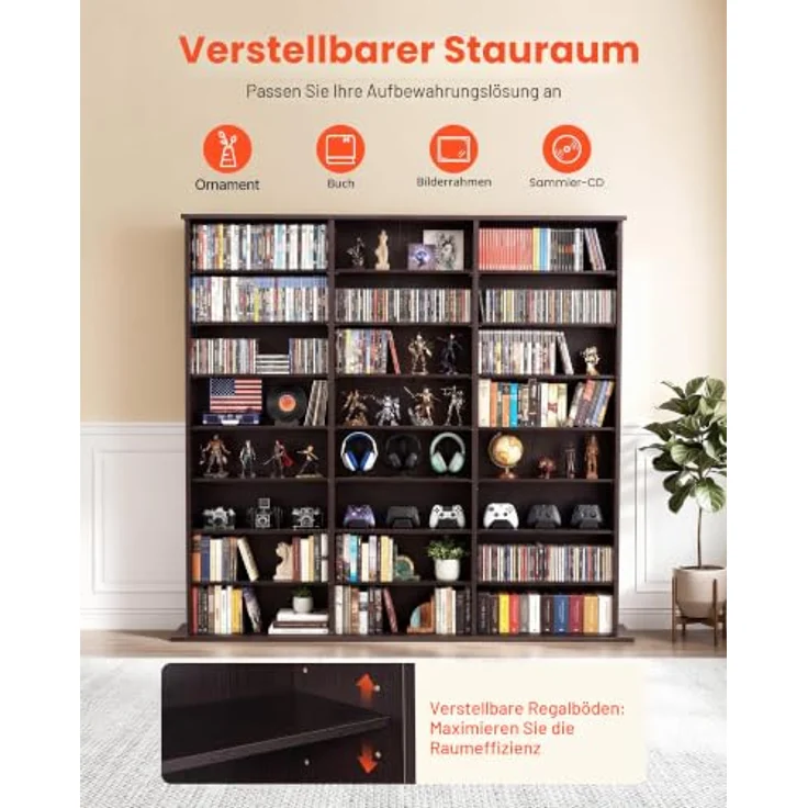 VEVOR DVD-Regal mit 24 Fächern (8 Ebenen), Medienregal Standregal 142 x 22 x 130 cm, Platzsparendes Aufbewahrungsregal für CDs DVDs Bücher Spiele-Discs, Bücherregal für Wohnzimmer/Homeoffice, Braun – Bild 4