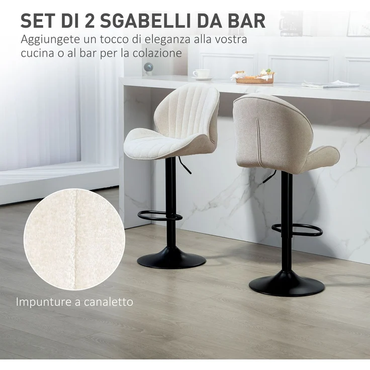 Set aus 2 Barhockern in Muschelform mit Fußstütze, aus Stoff in Chenille-Optik, 48 x 50 x 94–115 cm, schwarz und beige – Bild 6