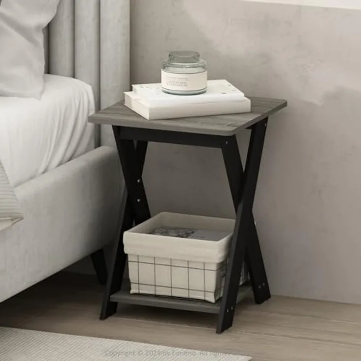 Furinno Tidur Nachttisch mit überkreuzten Beinen, Beistelltisch, Französische Eiche/Schwarz