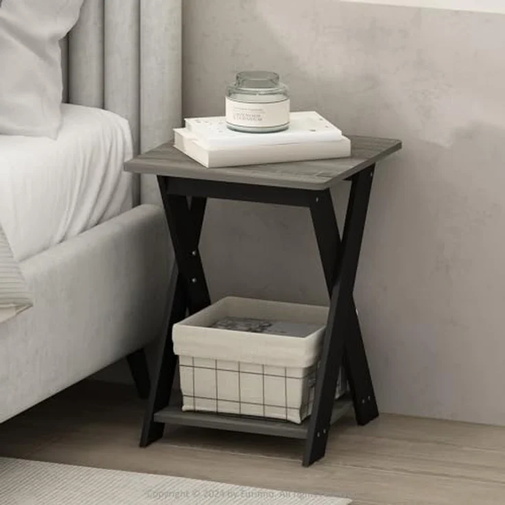 Furinno Tidur Nachttisch mit überkreuzten Beinen, Beistelltisch, Französische Eiche/Schwarz – Bild 1