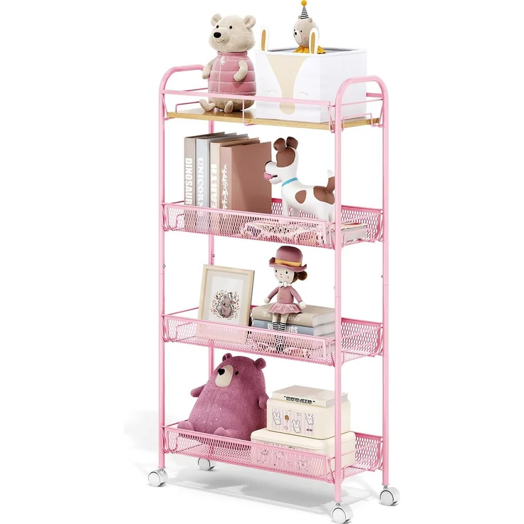 KINGRACK 4-Stufen Schmaler Küchenwagen mit Rollen Mit Holzplatte & Schiebe-Körben, Rollwagen Metall Für Enge Räume In Küche, Badezimmer, Wohnheim & Schlafzimmer, Rosa – Bild 1