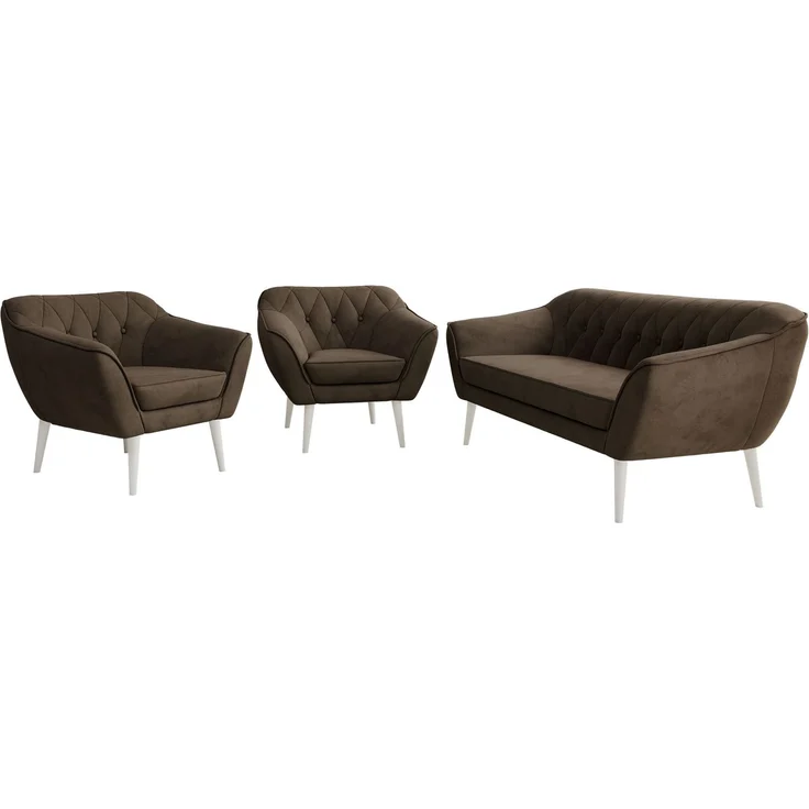 Wohnzimmerset PIRS 1-1-3, Skandinavisches 3-Sitzer Sofa mit Sesseln, Sofa mit Wellenfederung, weiße Füße, Skandinavisches Möbelset - Braun Velvet – Bild 7