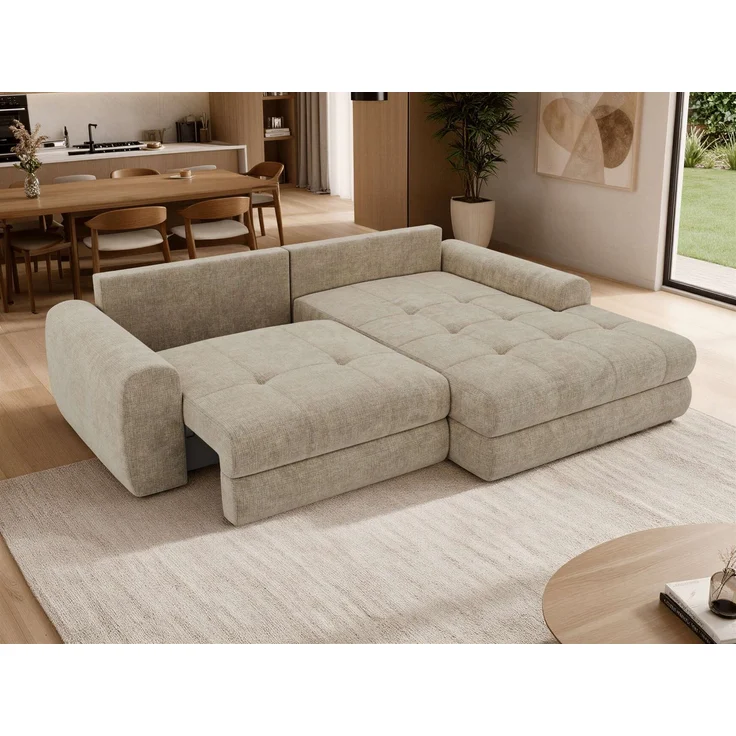 Sofa L-Form ARELIA L mit Schlaffunktion, Wohnzimmer Sofa, Wellenfederung, Sofa mit DL-System - Schenille grob gewebt Beige - Links – Bild 6