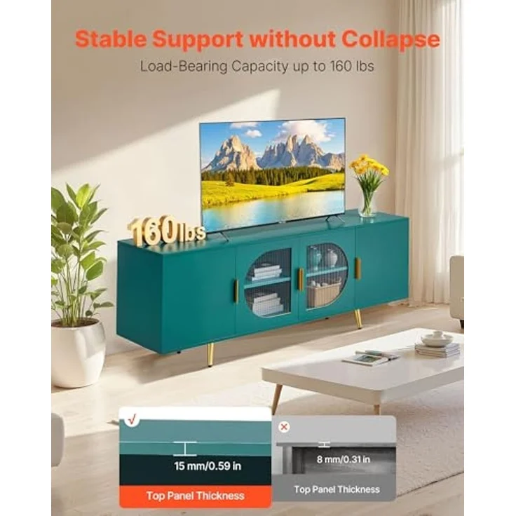 VEVOR TV-Ständer für Fernseher bis zu 75 Zoll, TV Tisch mit Glastüren, TV-Schrank mit goldenen Beinen & verstellbaren Regalen, Konsolentisch Fernsehschrank für Wohnzimmer Schlafzimmer, Grün – Bild 6