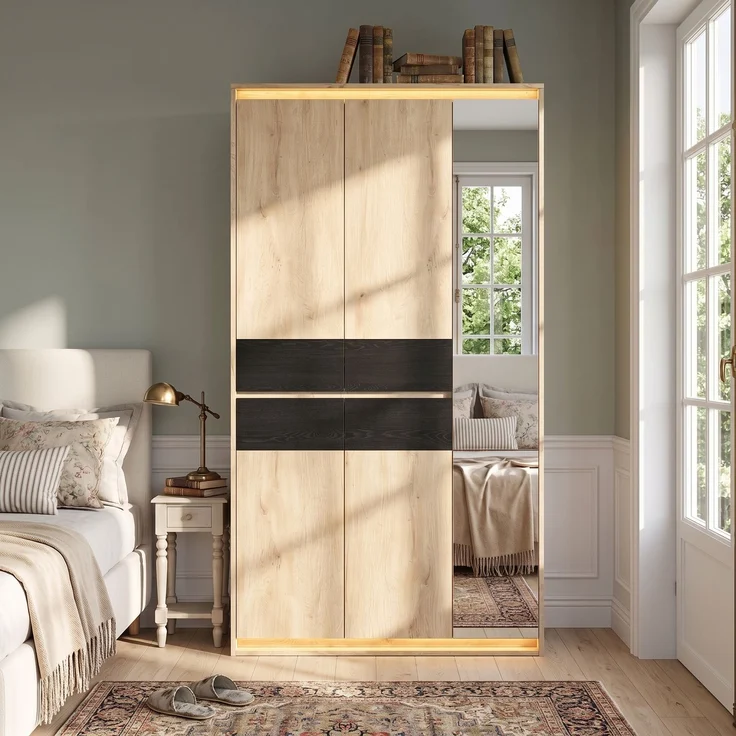 Drehtürenschrank 110 x 47 x 200 cm aus MDF in Eiche-Optik mit Spiegel und LED-Beleuchtung – Bild 2