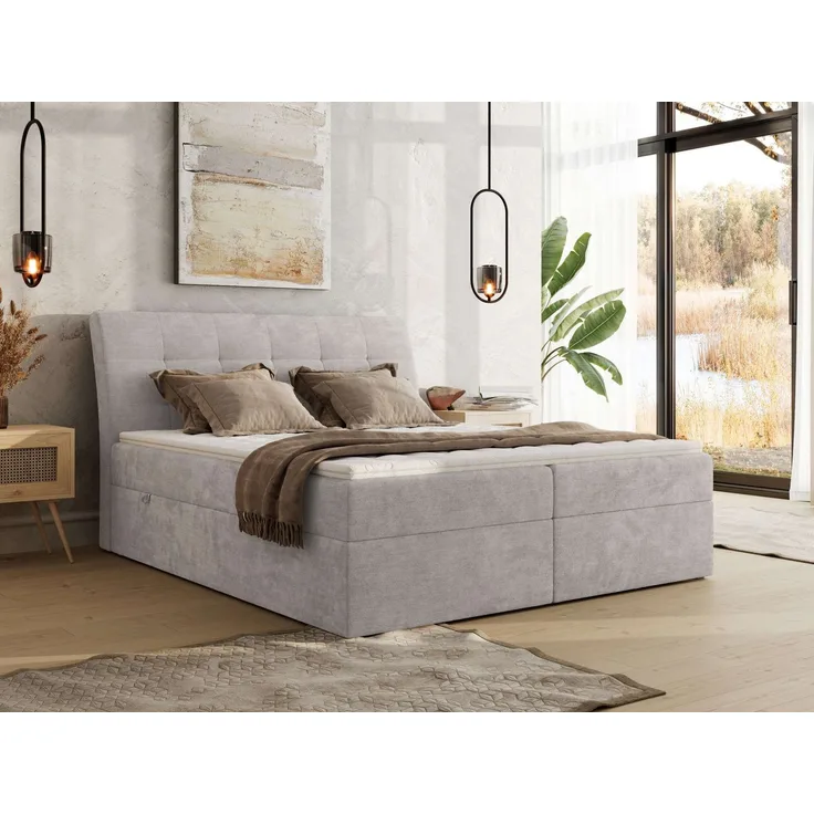 Boxspringbett DAGOS 160x200 cm mit Kopfteil, Lattenrost und Stauraum – Doppelbett mit Matratze & Topper Visco , stabile Konstruktion, Bettkasten, modernes Design - Hellgrau Schenille glatt - H3