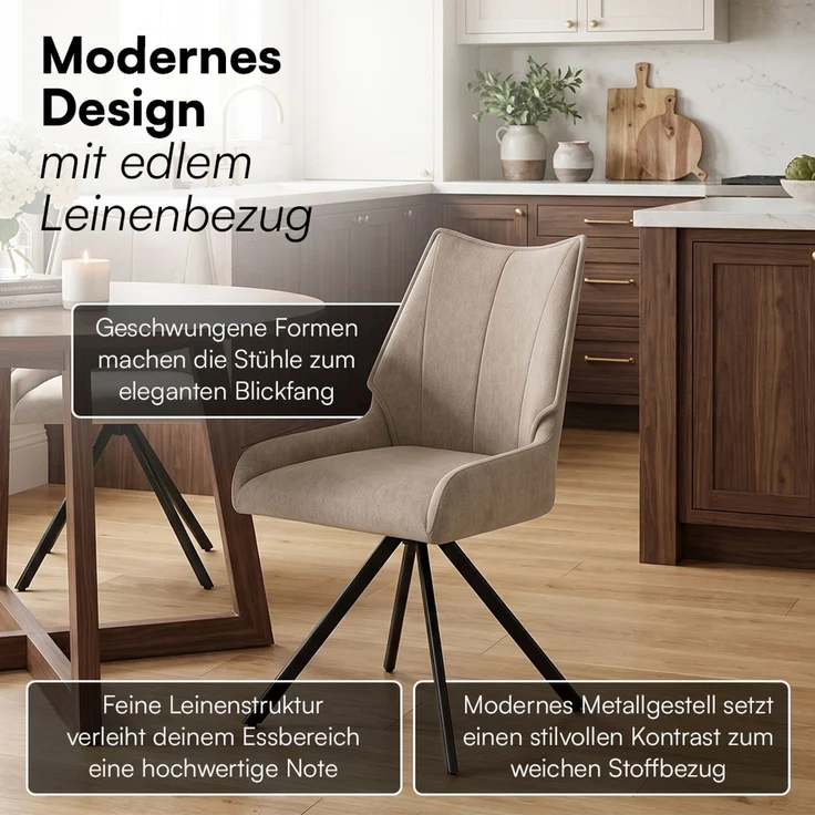 skølm 'Freyja' Esszimmerstühle, 2er Set, hellbraun, gepolsterter Leinenbezug, höhenverstellbar & drehbar, Polsterstühle mit Armlehnen – Bild 2