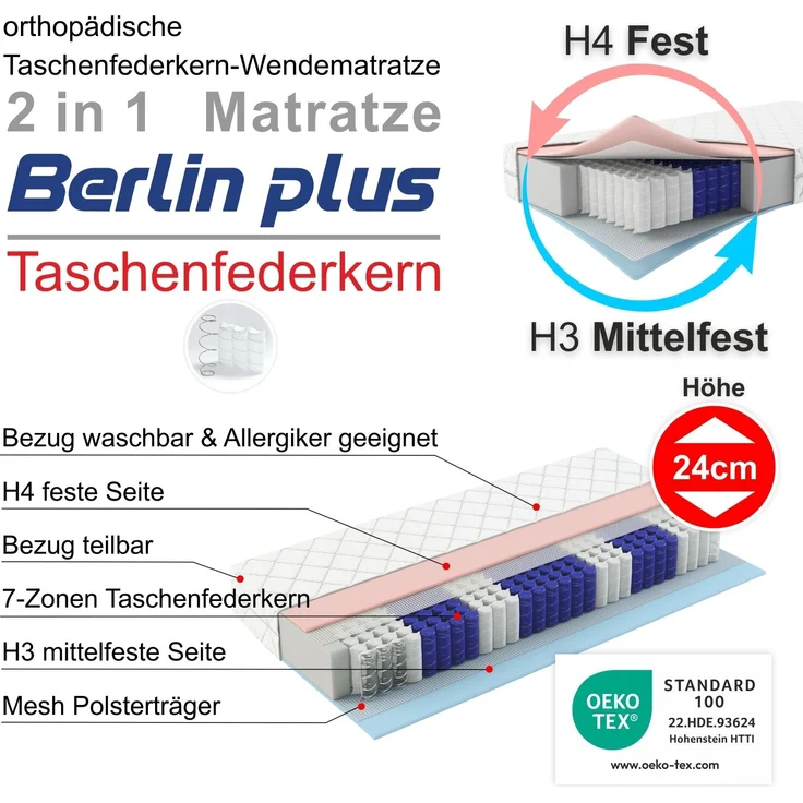 Berlin Plus. Wendematratze 160x200cm, Taschenfederkern mit zwei Härtegraden (H3 und H4) – Bild 5