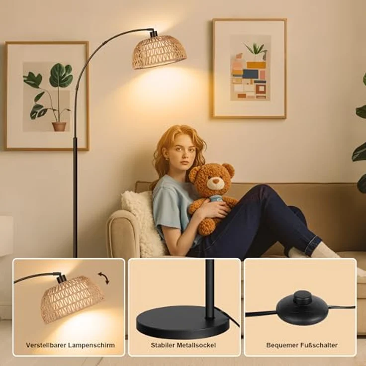 ROTTOGOON Bogen Rattan Stehlampe für Wohnzimmer 3 Farbtemperaturen Dimmbare 9W LED mit Fußschalter Boho Landhausstil Stehleuchte für Schlafzimmer Büro inkl. Birne Schwarz – Bild 4