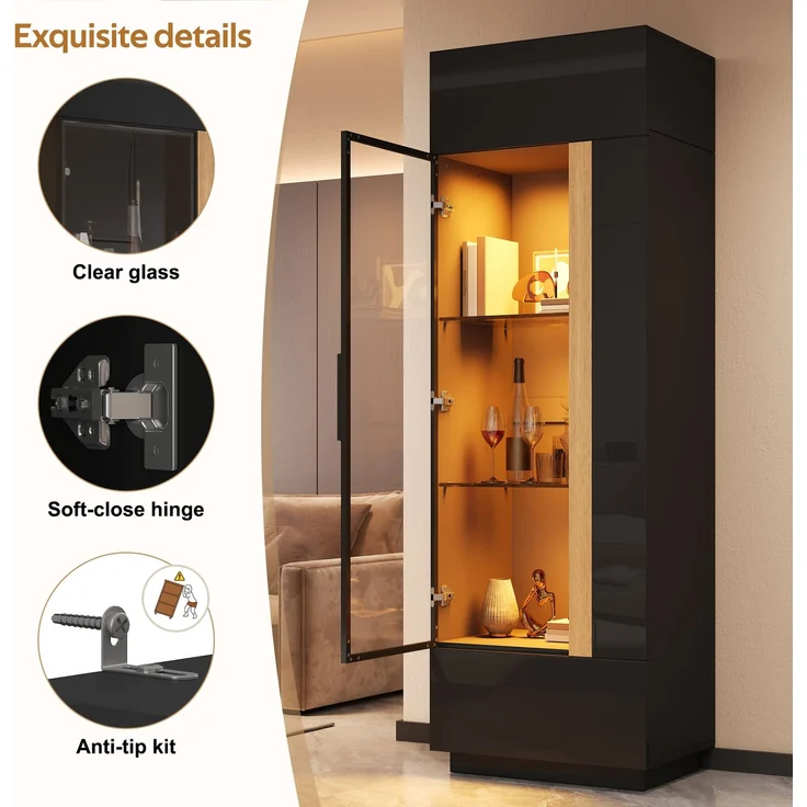 ZUBALIYA Vitrine (60 x 40 x 180 cm), LED - Beleuchtung, Glastüren, Aufbewahrung für Sammlerstücke, Geschirr und Dekoration, Schwarz – Bild 14