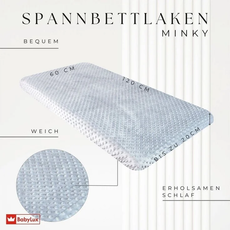 BabyLux Spannbettlaken BABYLUX Spannbettlaken MINKY 60x120 70x140 90x200 120x200, Gummizug: ja, 60x120cm grau – Bild 2