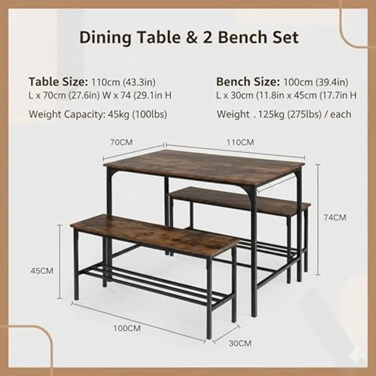 FurnitureR 3-teiliges rechteckiges Esszimmer-Set, Metall, Braun, Tisch 70 x 110 x 74 cm, Jede Bank: T30 x B100 x H45 cm – Bild 2