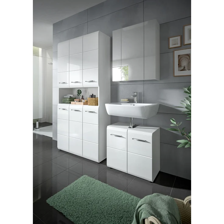 Badstandschrank (B/H/T: 90x185x30 cm) in weiß hochglanz tiefzieh – Bild 5