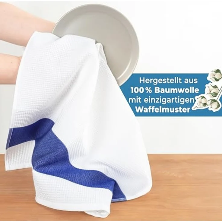 Hammetex 4er Set 50x70 cm Waffel-Handtuch aus 100% Baumwolle – Küchtuch mit Aufhängeschlaufe – Saugfähig, Schnelltrocknend & Oeko-Tex Zertifiziert – Blau – Bild 6