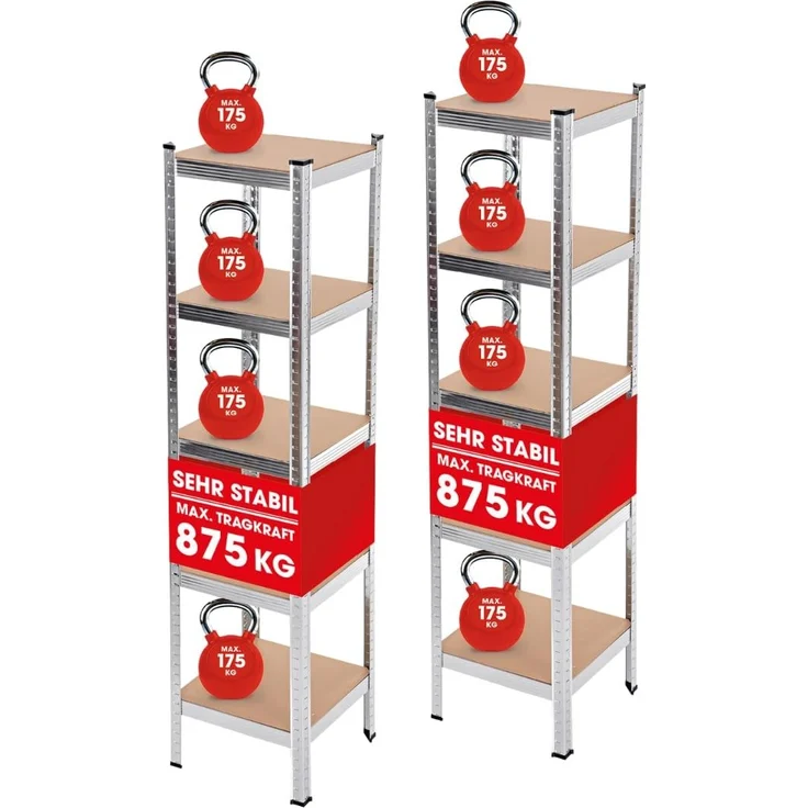 EASYmaxx Schwerlastregal 2er-Set 40 x 40 x 180 cm | 875 kg Traglast, 175 kg pro Ebene | Regal und Werkbank | Kellerregal, Lagerregal mit 5 verstellbaren Ablagen | Für Keller, Garage, Hobbyraum, Werkstatt