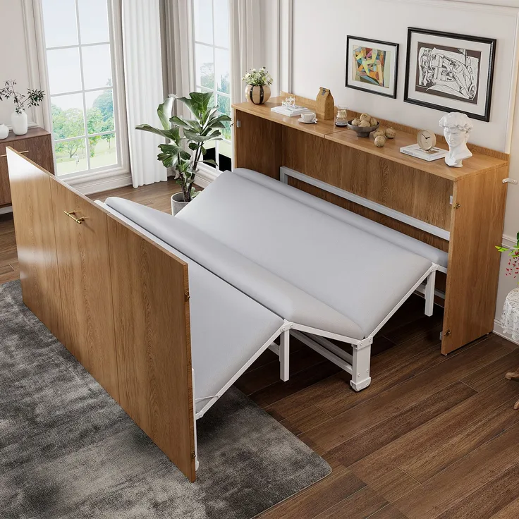 Klappbett 140 x 200 cm, Ausziehbarer Schrankbettrahmen mit Leinenmatratze, Platzsparendes Gästebett mit Metallgestell und Leisen Rollen
