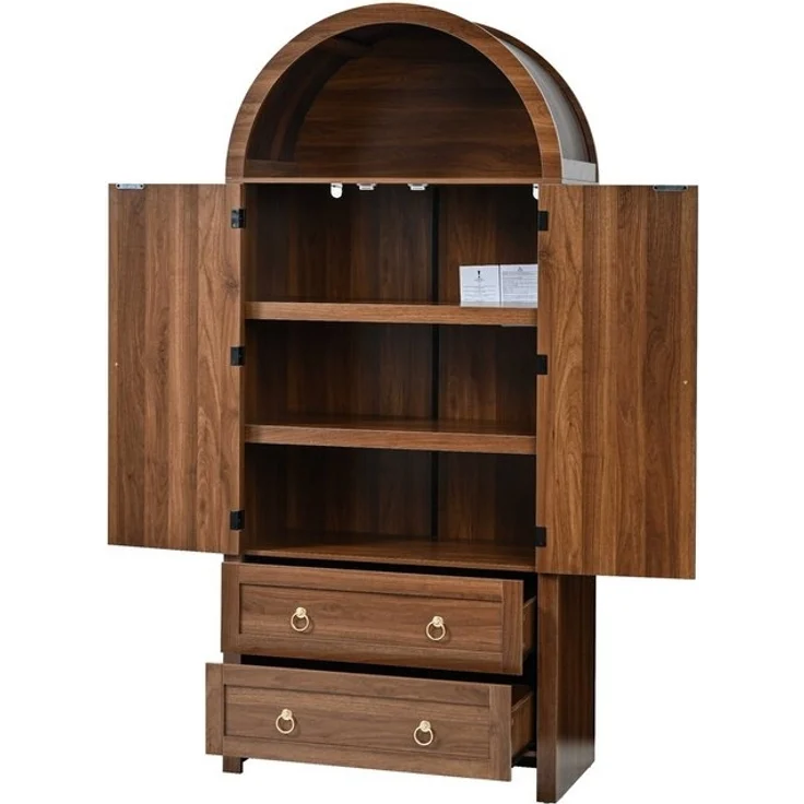 BlingBin Hochschrank Mehrzweckschrank Highboard Sideboard (Aufbewahrungsschrank mit Bogenform, 1-St, mit Rattantüren, offenen Regalen, 2 Schubladen, seitlichen Haken) 80x40x180 cm, Retro Vintage Schrank für Wohn- und Schlafzimmer – Bild 4
