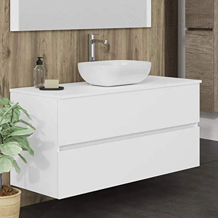 Baikal Onyx Badmöbel montiert, Möbel mit 2 Schubladen, Badezimmermöbel mit Waschbecken, Hängeschrank, Wandschrank, Keramikwaschbecken, inkl. Spiegel, 120 cm, Weiß – Bild 5