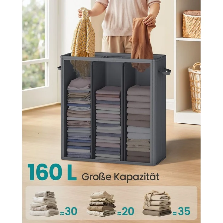 SONGMICS Wäschekorb mit 3 Fächern, 160 L, mit Deckel, 5 Etiketten, herausnehmbarer und waschbarer Innensack, Waschküche Schlafzimmer, dunkelgrau – Bild 2