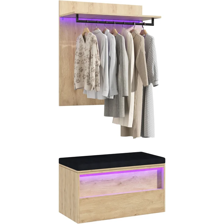 Schuhbank Wandgarderobe Set, Eingangsgarderobe, Sitzbank, mit Garderobe und Schuhbank (2-St), mit 2 LED-Beleuchtung, 1 Kissen, 1 Kleiderstange, 90 x 47 x 145 cm, anthrazit-eiche--Holz--90x47x145cm--YOUDENOVA – Bild 8