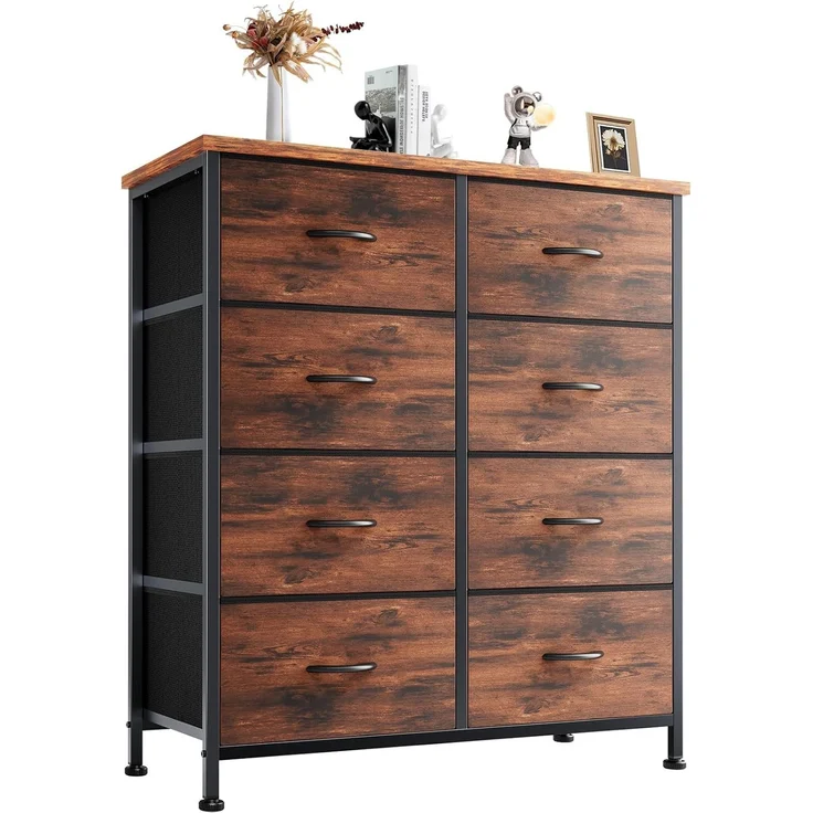 DUMOS Kommode für Schlafzimmer mit 8 Stoffschubladen hohe Kommode Organizer für Kleidung Schrank Kinderzimmer Aufbewahrungsturm mit Schrank Metallrahmen Holzplatte leichte Kinderzimmermöbel – Bild 3