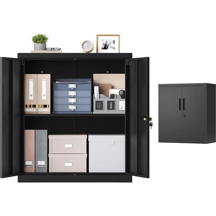 SONGMICS Aktenschrank, Metallschrank, Aufbewahrungsschrank, Büroschrank abschließbar, mit 2 Türen, aus Stahl, 80 x 40 x 90 cm, verstellbare Ablage, Mattschwarz OMC019BD01