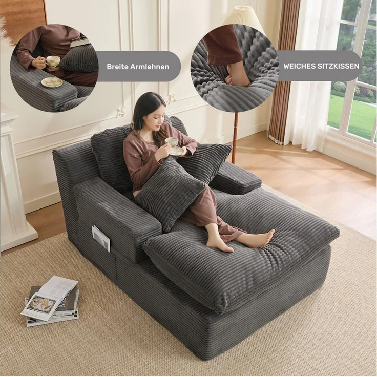 LITBIRD Chaiselongue 160 cm Loungesofa, Boneless Bodensofa & Schlafsofa mit Schlaffunktion, 1 Teile, Platzsparendes Cloud Sofa mit Armlehnen für Wohnzimmer – Bild 4