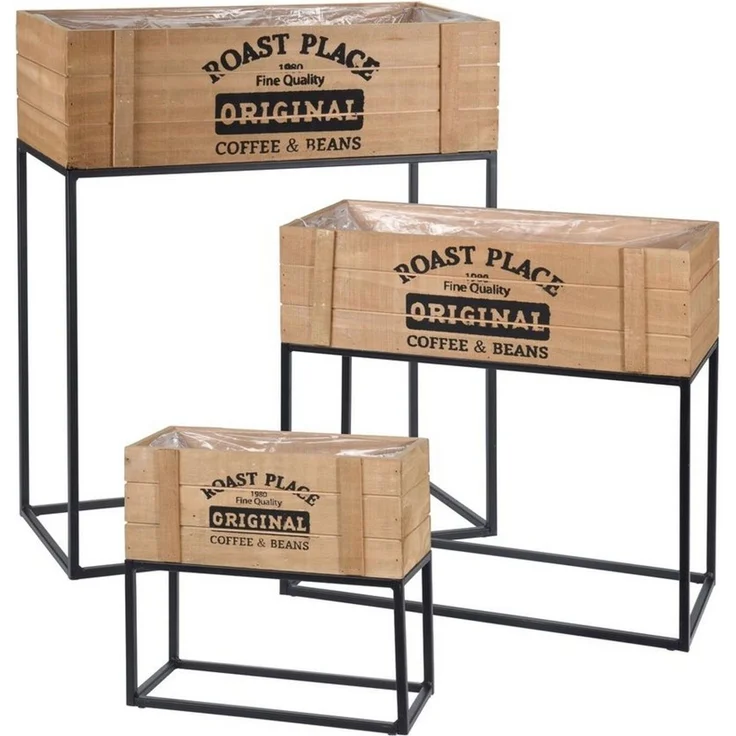 Spetebo Blumenständer Blumenständer 3er Set aus Holz und Metall (Set, 3 St, Pflanzenständer Set), Pflanzkasten auf Ständer mit Folie ausgekleidet – Bild 2