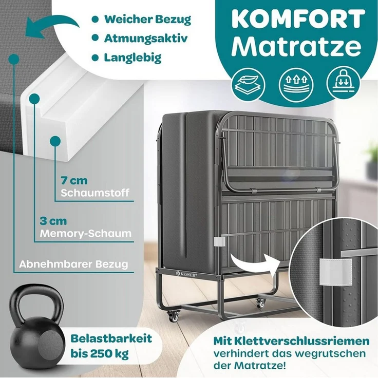KESSER® klappbares Gästebett inkl. Matratze aus Memory-Schaum, Reisebett, belastbar bis 250kg, mit Metallrahmen, Rollen & Cover, Anthrazit, 33 x 90 x 200 cm – Bild 5