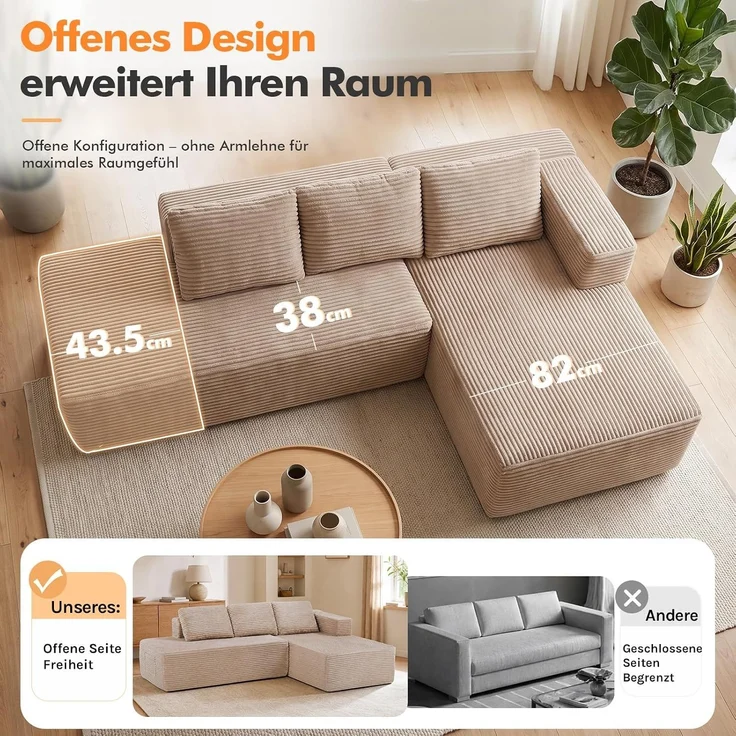 COMHOMA Ecksofa mit Schlaffunktion, 228cm Corduroy Modulares Boneless Couch mit Chaiselongue & Rücken-Metallgestell, L-Form Schlafsofa mit offenem Design, Kissen & Seitentaschen,für Wohnzimmer, Beige-L – Bild 13