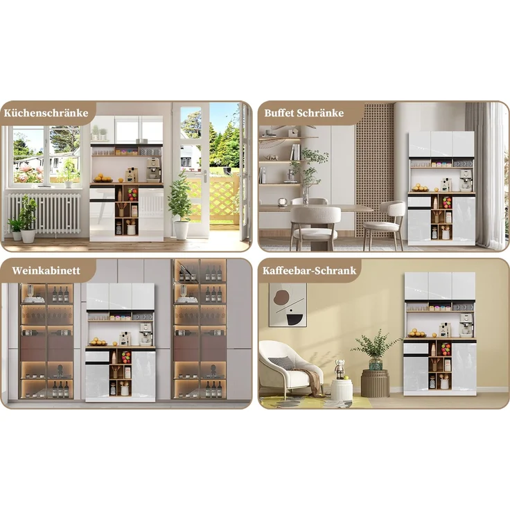 105×45×185 cm,weißer moderner Küchenschrank,Buffet,Sideboard,Hochglanztüren,Metallgriffe,verstellbare Regale,Schubladen,offener Stauraum,Kippschutz,geeignet für Küche,Esszimmer und Wohnzimmer--Weiß--105x45x185cm--YOUDENOVA – Bild 7