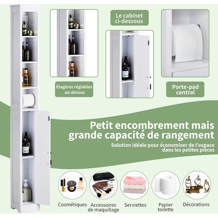 VECELO Badezimmerschrank, hoch, mit verstellbaren Regalen und offenen Fächern, mit integriertem Toilettenpapierhalter, 20 x 20 x 180 cm, Weiß – Bild 5