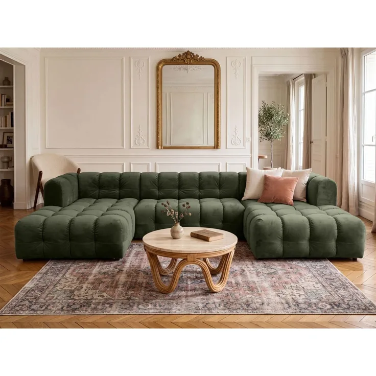 Wohnlandschaft Sofa U-Form SOLVIE in Stoff Tiffani Grün