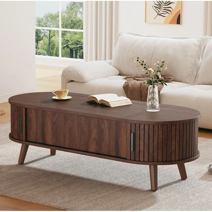 Couchtisch 120x50x39,5 cm, höhenverstellbar, mit verstecktem Stauraum, Nussbaum, MDF – Bild 2