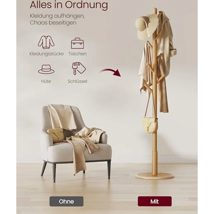 VASAGLE Garderobenständer, Kleiderständer Massivholz, Jackenständer Baumform, 8 Haken für Jacken, Hüte, für Flur, Haken und Haltestange aus Kautschukholz, naturfarben RCR009YK01 – Bild 4