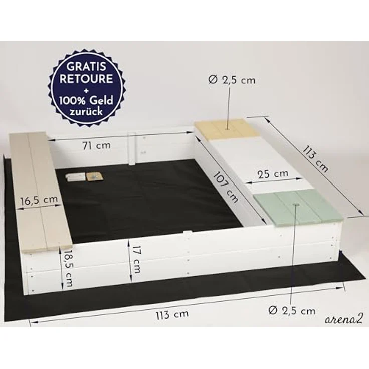 WONDERMAKE Sandkasten arena2, quadratisch mit Abdeckung, 2 Matschküchen, farbig lasiert, 113x113 cm, schwarz bunt – Bild 5
