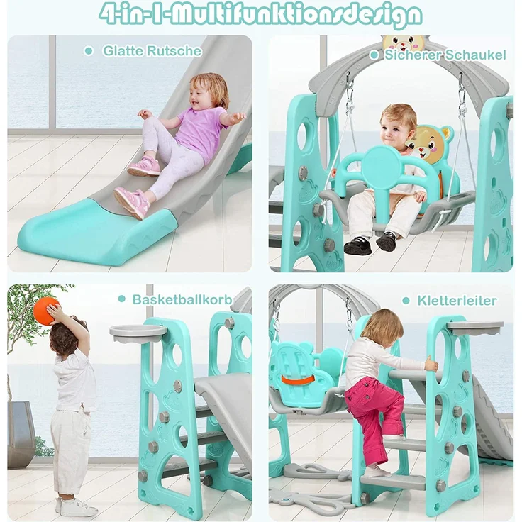 COSTWAY 4 in 1 Kinder Spielplatz, Kinder Rutsche Kletterleiter & Schaukel & Basketballkorb fuer Kinder, Schaukelgeruest, Kinderschaukel, Kinderrutsche fuer Outdoor und Indoor Gruen – Bild 2
