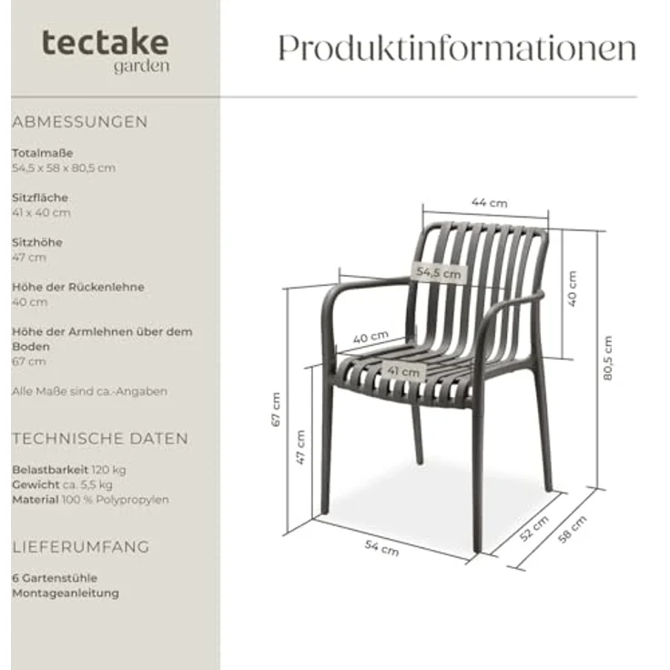 tectake® Gartenstühle stapelbar, Gartenmöbel Set, Balkon Möbel, Bistro Set, Sessel, Outdoor Möbel, Balkonmöbel, Terrassenmöbel - anthrazit, 6er Set – Bild 4