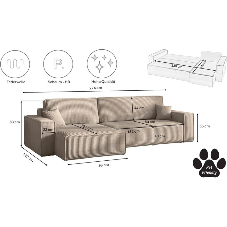 Kaiser Möbel Ecksofa mit schlaffunktion und bettkasten, Eckcouch BEST XL stoff Poso, Mit Bettfunktion und Bettzeugfach – Bild 2