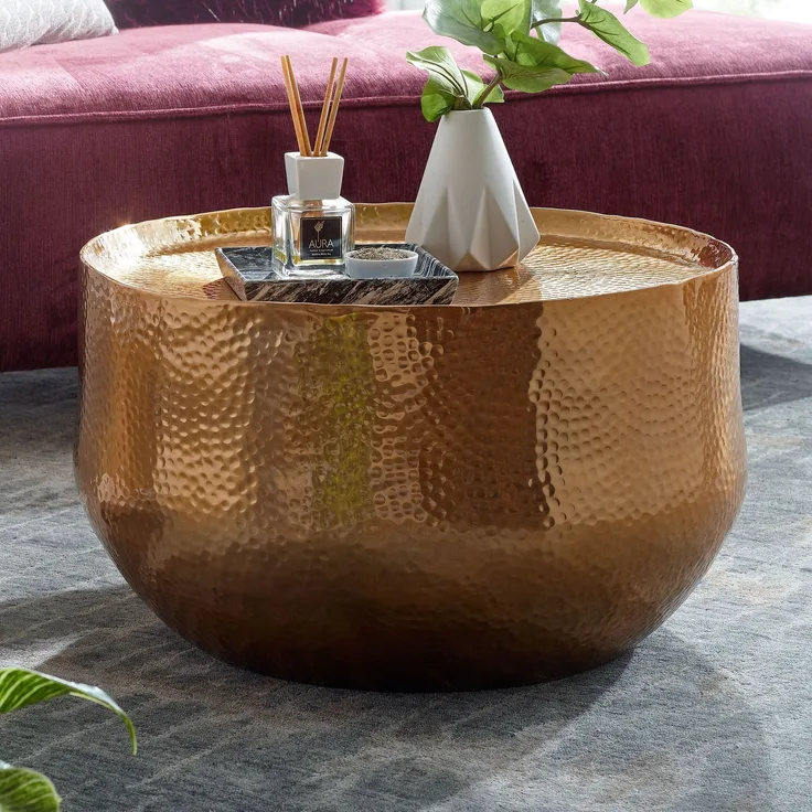 FineBuy Couchtisch Aluminium 60 x 60 x 35 cm Wohnzimmertisch Hammerschlag | Designer Sofatisch Rund Alu Orientalisch | Runder Kaffeetisch Metall Klein | Gold