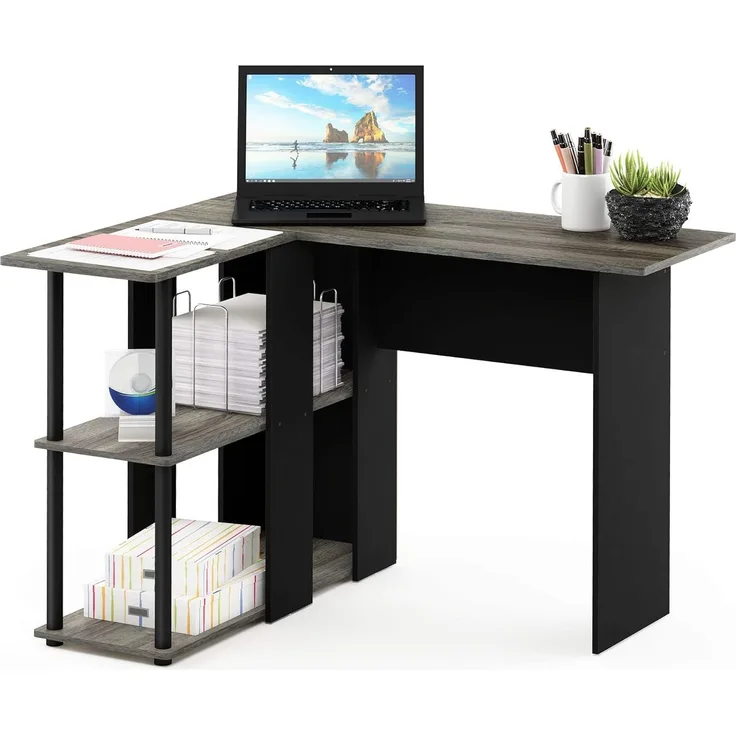 Furinno Abbott L-förmiger Schreibtisch mit Regalen, Holz, Französische Eiche Grau/Schwarz, 87.5 x 104.5 x 73.51 cm
