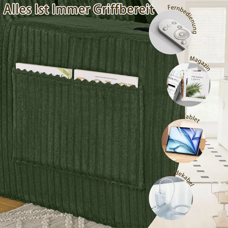 Schaumsofa Zwillinge aus Kordstoff mit Seitentasche & Getränkehalter, rahmenlos, grün – Bild 7