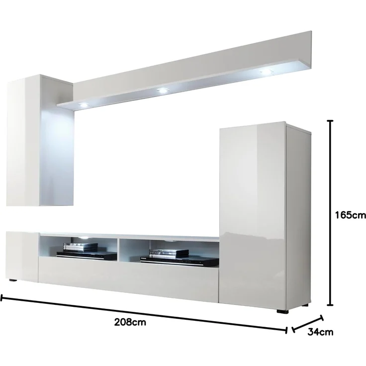 Wohnwand Medienwand Win in weiß Hochglanz 208 cm Fernsehschrank bis 55" – Bild 3