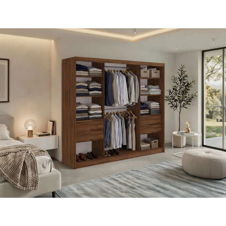 Kleiderschrank LAOS 240 cm Schiebetürenschrank Warmia-Nuss mit Akustikpaneel-Design (Lamellen) Schwarz & Spiegel, Inkl. Innenausstattung - mit Schubladen – Bild 3
