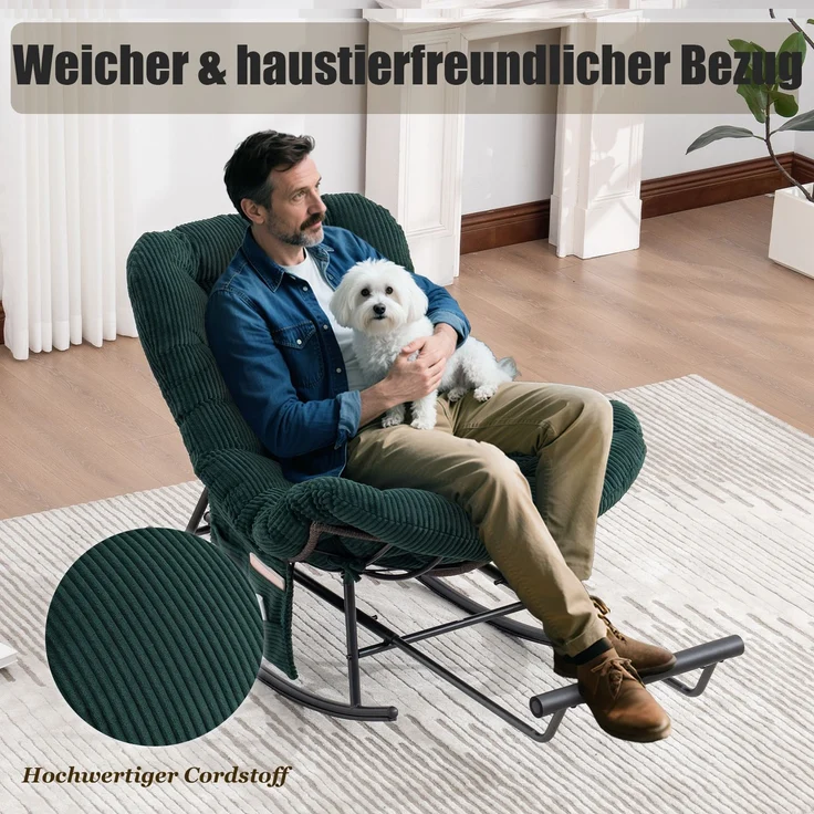 LVHOM Schaukelstuhl mit ausziehbarer Fußstütze, Rattanstuhl mit Stahlrahmen, Schaukelsessel mit gepolstertem Kissen und Seitentasche, Lounge Sessel, 1 St, Dunkelgrün – Bild 6
