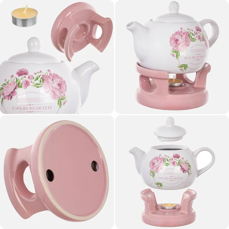 KADAX Teekanne 1L mit Stövchen Set, Kaffeekanne aus Porzellan mit Deckel, Griff und Teestövchen, Kanne mit Teelicht Wärmer für Tee, Teeservice (Rosa/Weiß, Ohne Tassen) – Bild 9