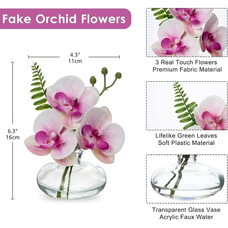 Künstliche Orchideen Kunstblumen 3er Set Deko mit Glasvase Bad Büro Wohnzimmer – Bild 2