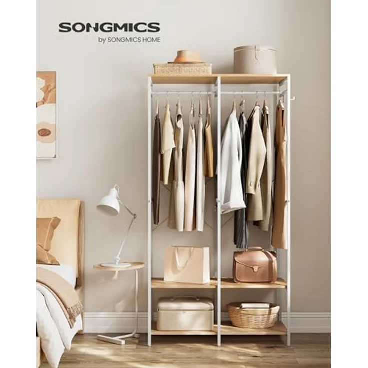 SONGMICS Kleiderschrank offen, Kleiderständer, Garderobenständer, Garderobe mit Kleiderstange, Ablagen, abnehmbare Haken, 40 x 94,5 x 180 cm, naturbeige RGR004W67 – Bild 3